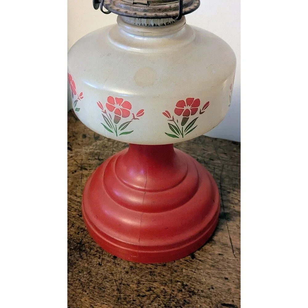 Vintage Red Frosted Glass Kerosene Oil Lamp Cold Painted Floral with Chimney 18